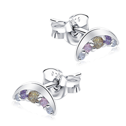 Croissant Shaped With Pastel Stone Silver Ear Stud STS-5327